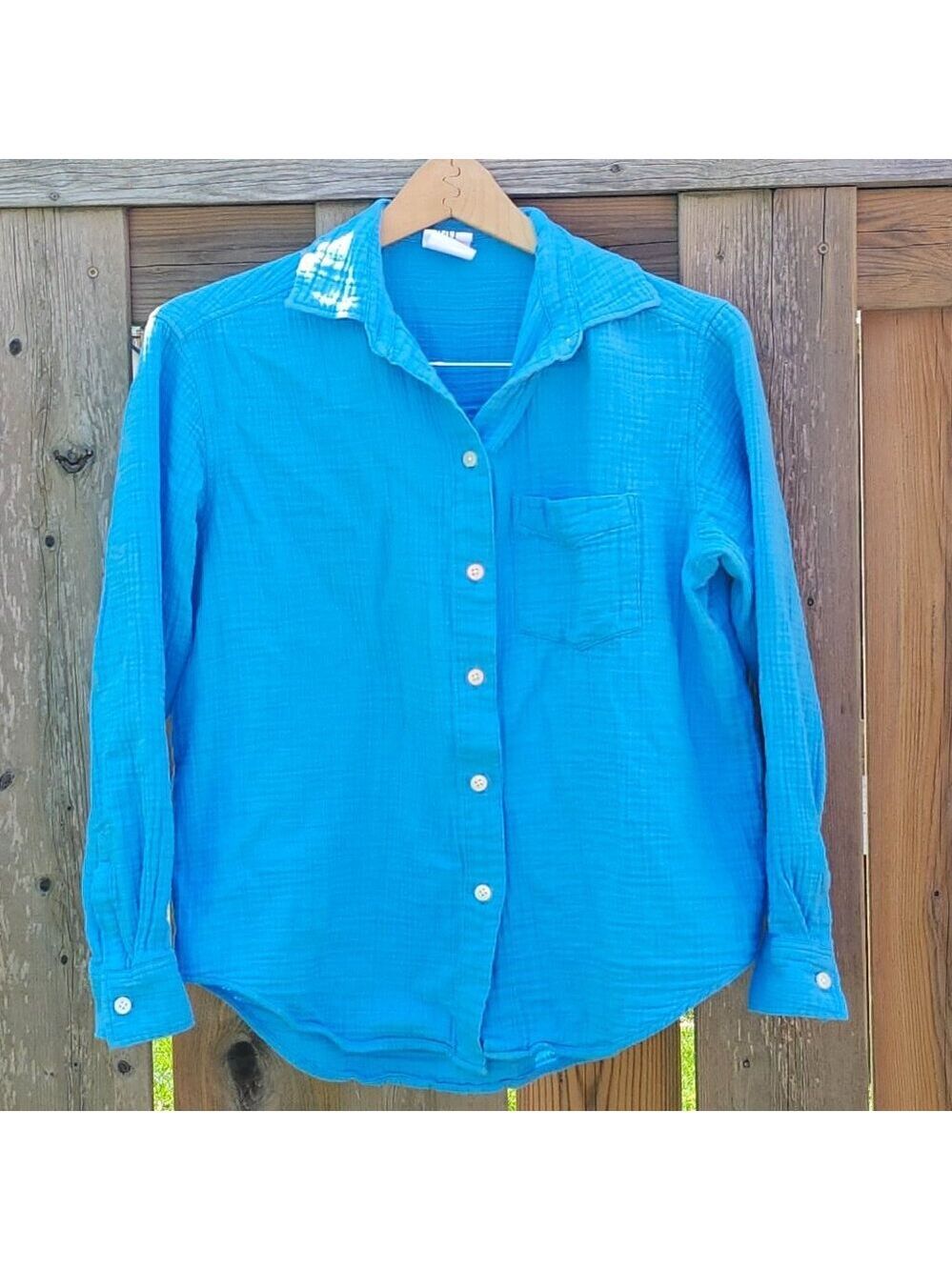 PRETTY BLUE Women's GAP Crinkle Button Down Blouse Size XS THE BIG SHIRT